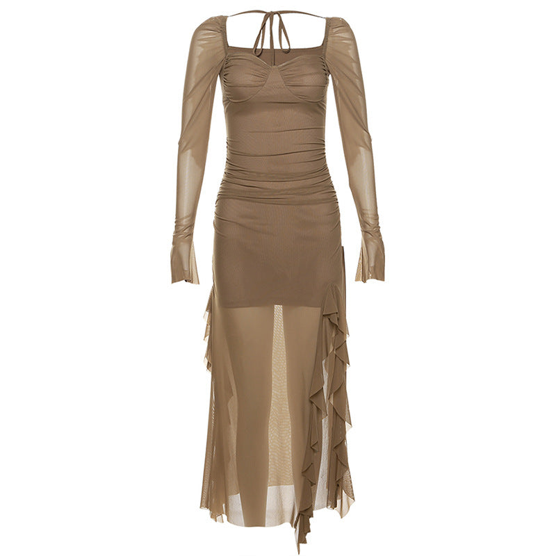 Free shipping   new women's clothing solid color slim-fitting high-waisted fashion square neck long-sleeved mesh dress tops