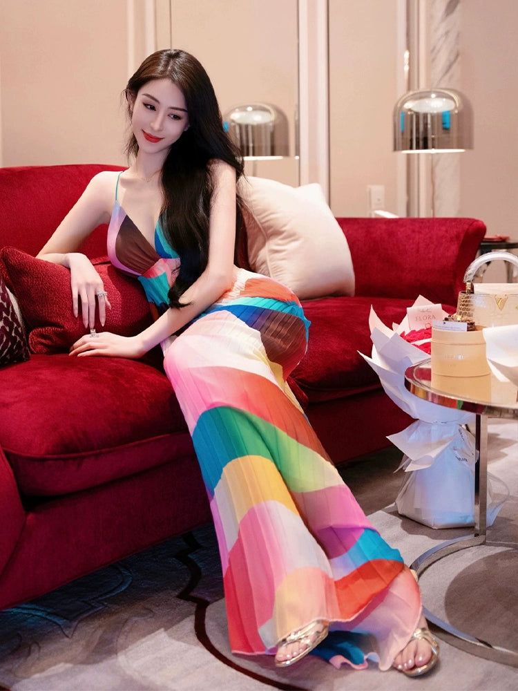 Fashion women's wear Rainbow Striped V-neck Strap Dress Women's Summer Beach Dress Sanya Vacation Style Sexy Backless Slim Fit Long Dress