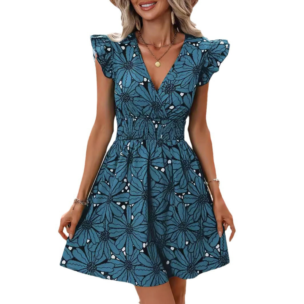 Fashion women's wear Summer 2024 Cross-Border Foreign Trade V-neck Tight Waist Sexy Large Flower Ruffled Sleeveless Dress