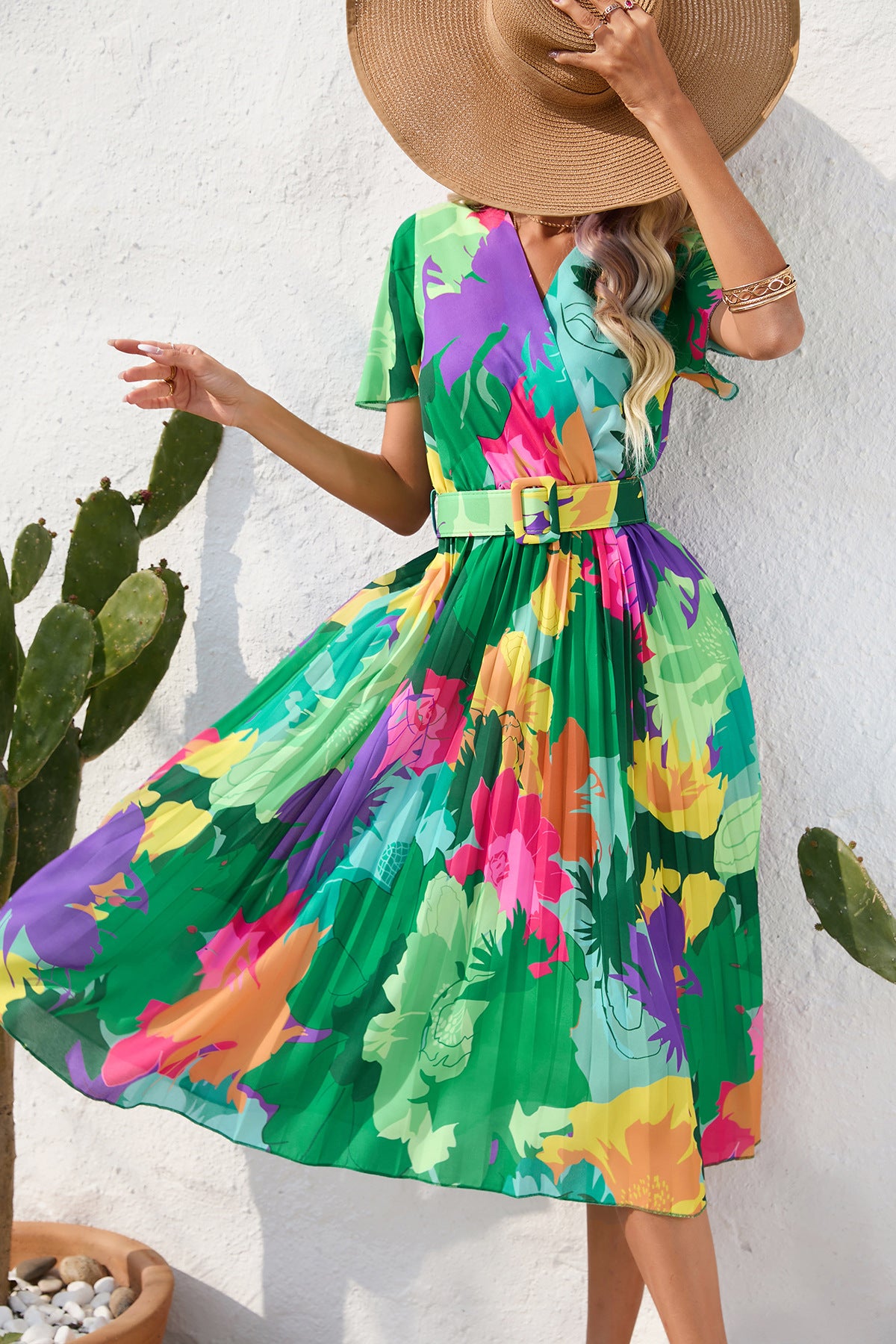 Fashion women's wear 2024  Women's Clothing   Cross-Border Summer Printing Crumpled Mid-Length Short Sleeve Dress