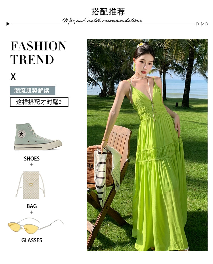 Fashion women's wear Summer Dopamine Seaside Vacation Deep V Dress Green Suspenders Ankle-Length Dress Sanya Slimming Beach Skirt Female