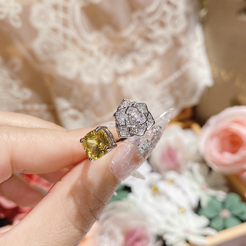 珠宝首饰山茶新款金黄钻玫瑰花套装女 镀18k金多切面璀璨发光轻奢爆闪戒指