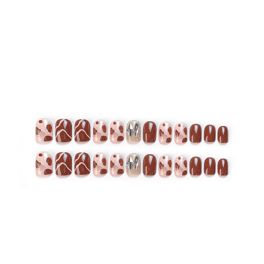 Fashion  nail Autumn and Winter Style Simple Rhinestone Milk Coffee Finished Nail Beauty Short Wear Fake Nails Detachable Nail Tip Wear Armor X95