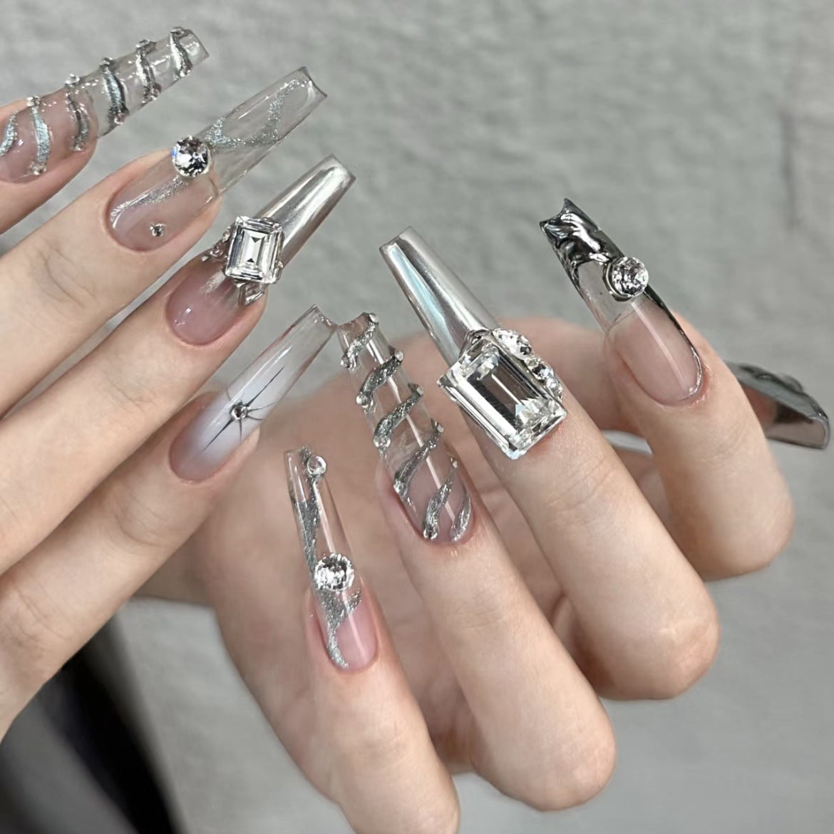 Hand-Made Nail Wear Nail Fake Nail Patch Niche Personality High-Tech Ice Transparent Rhinestone Magic Mirror Four Eight-Pointed Stars Finished Product