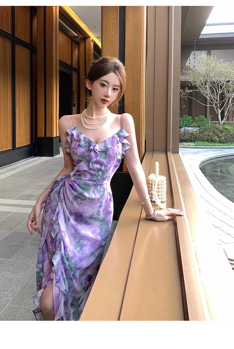 Fashion women's wear Purple Retro Irregular Yunnan Wear Travel Chiffon Floral Strap Dress Seaside Beach Skirt Summer