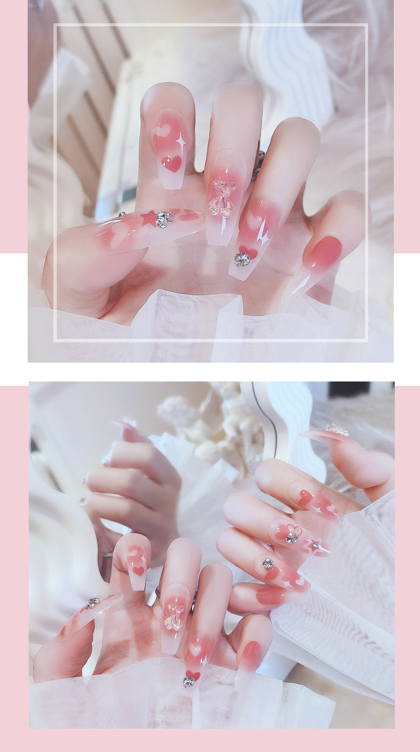 Fashion  nail New Bear Peach Heart Cute Long Finished Nail Beauty Wearable Fake Nails Removable Nail Tip Wearable Nail X75