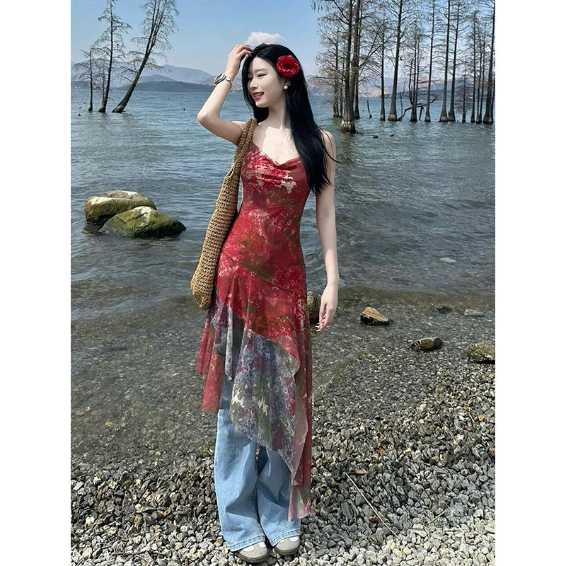 Fashion women's wear Red Small Floral Mesh Camisole Dress Women's Summer Seaside Design Sense Niche Waist Slimming Irregular Long Dress