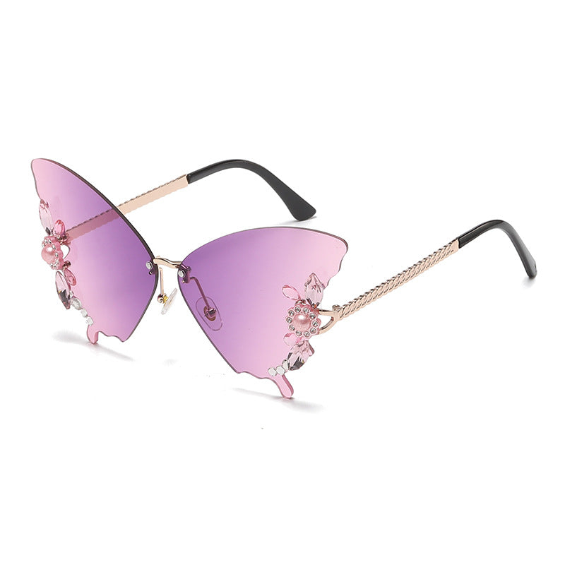 Women's fashion glasses 欧美跨境新款舞会蝴蝶形状镶钻无框太阳镜女夸张墨镜女圆脸大脸