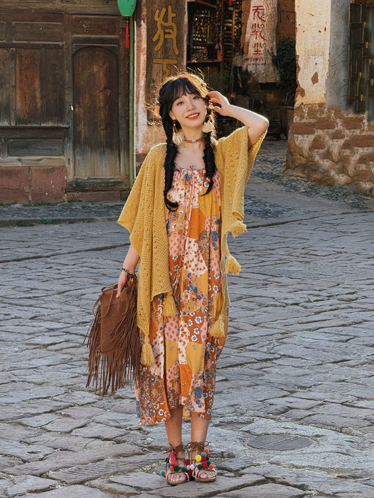 Dopamine dress Free shipping Tattoo Printed Suspender Dress Female Sweet Mori Vest Shawl Pastoral Summer Dopamine Seaside Dress