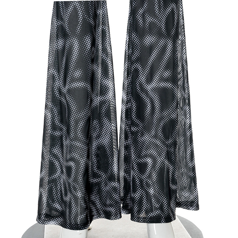 Fashion women's wear Q21pt540 Cross-Border Autumn New Printed High Waist Voile Micro Transparent Fashion Casual Women's Long Bell-Bottom Trousers