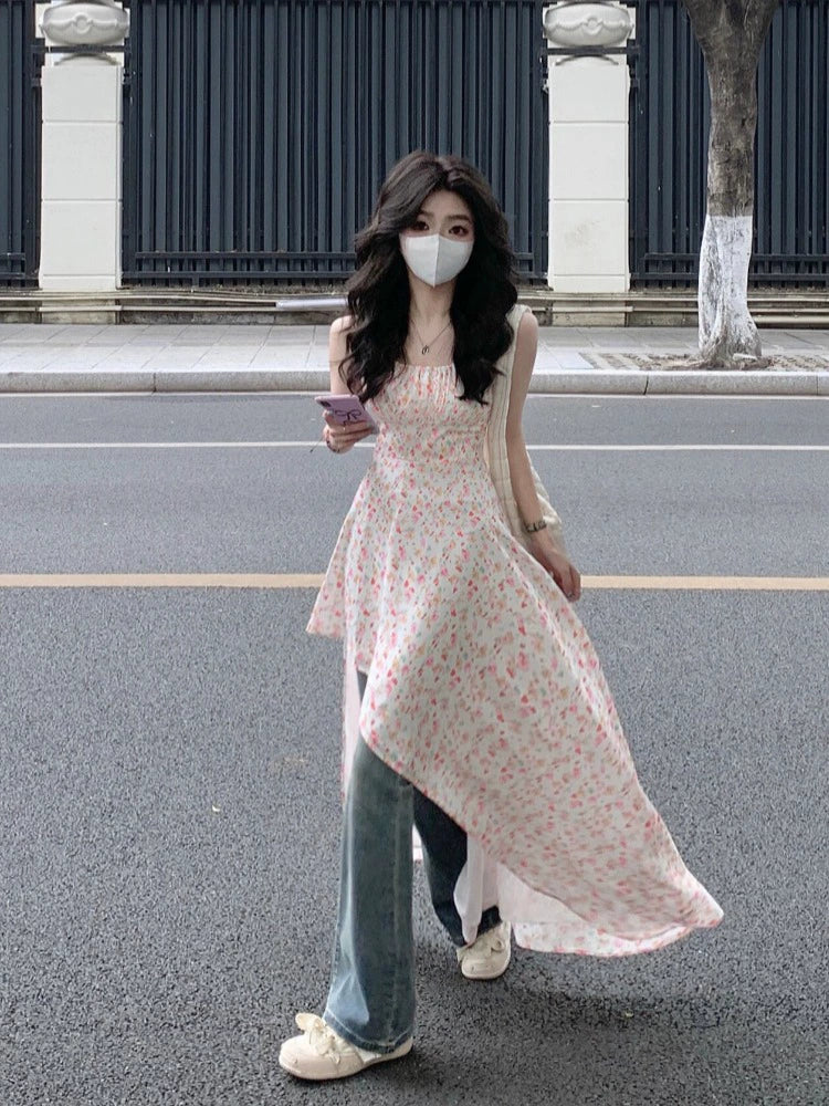 Fashion women's wear Floral Strap Dress Women's Summer Small Waist Slimming Sweet and Spicy Skirt Jeans Two-Piece Suit