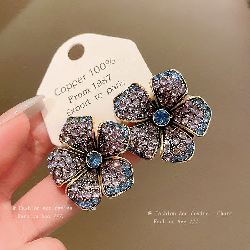 中古银针镶钻花朵几何耳环复古夸张设计感耳钉小众时尚耳饰批发女