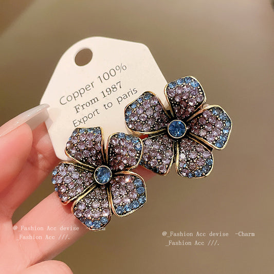 中古银针镶钻花朵几何耳环复古夸张设计感耳钉小众时尚耳饰批发女