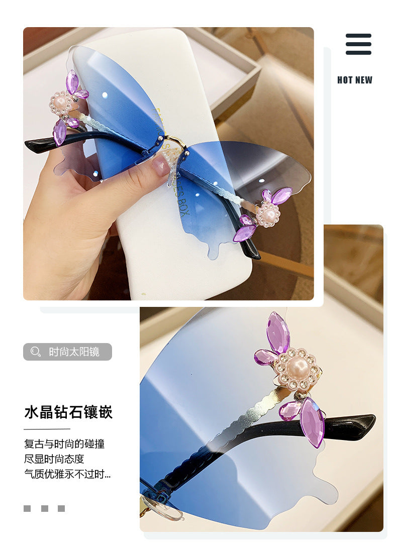 Women's fashion glasses 新款欧美跨境舞会蝴蝶形状镶钻大框太阳镜女时尚墨镜女潮流街拍