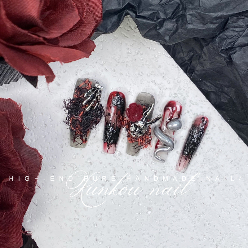 (Hand-Made Nail) Handmade Wear Nail Factory Straight Hair Dark Nail Art Halloween Skull Baroque Heavy Industry Metal Punk Goth