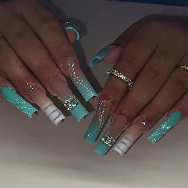 (Hand made nail) European and American Spicy Girl Super Long Instagram Dark Small Stand Retro Trapezoidal Shining Diamond Beauty False Nail Patch Detachable Wearable Nail