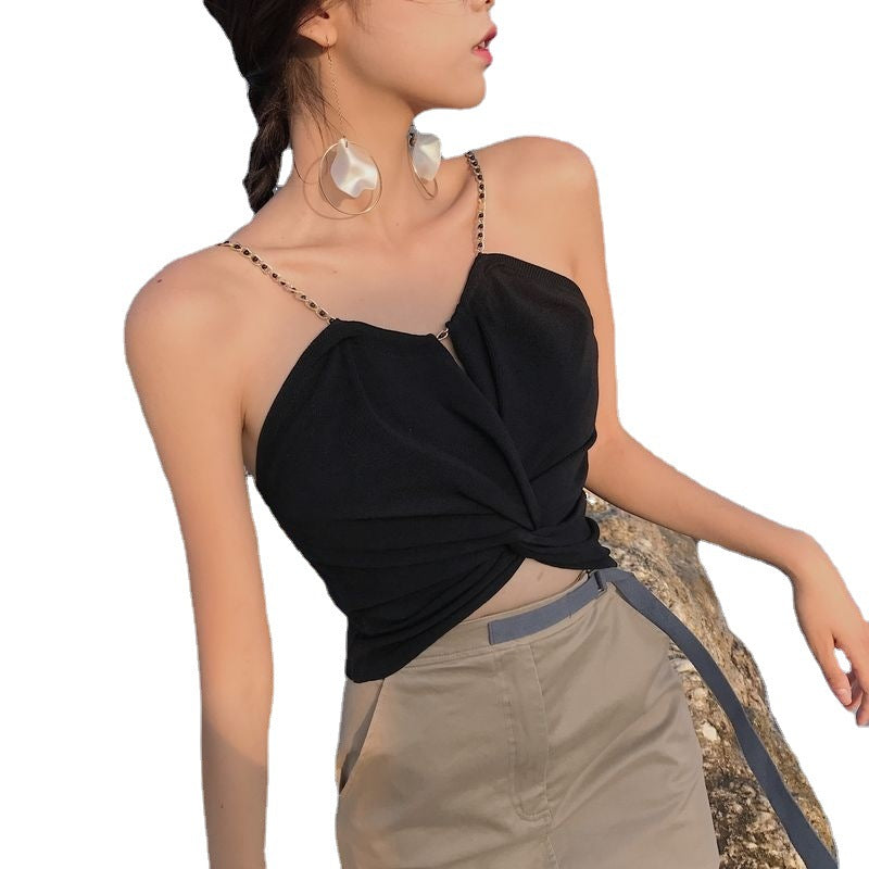 Free shipping  sexy high waist short open button top versatile metal chain tube top bottoming shirt tops