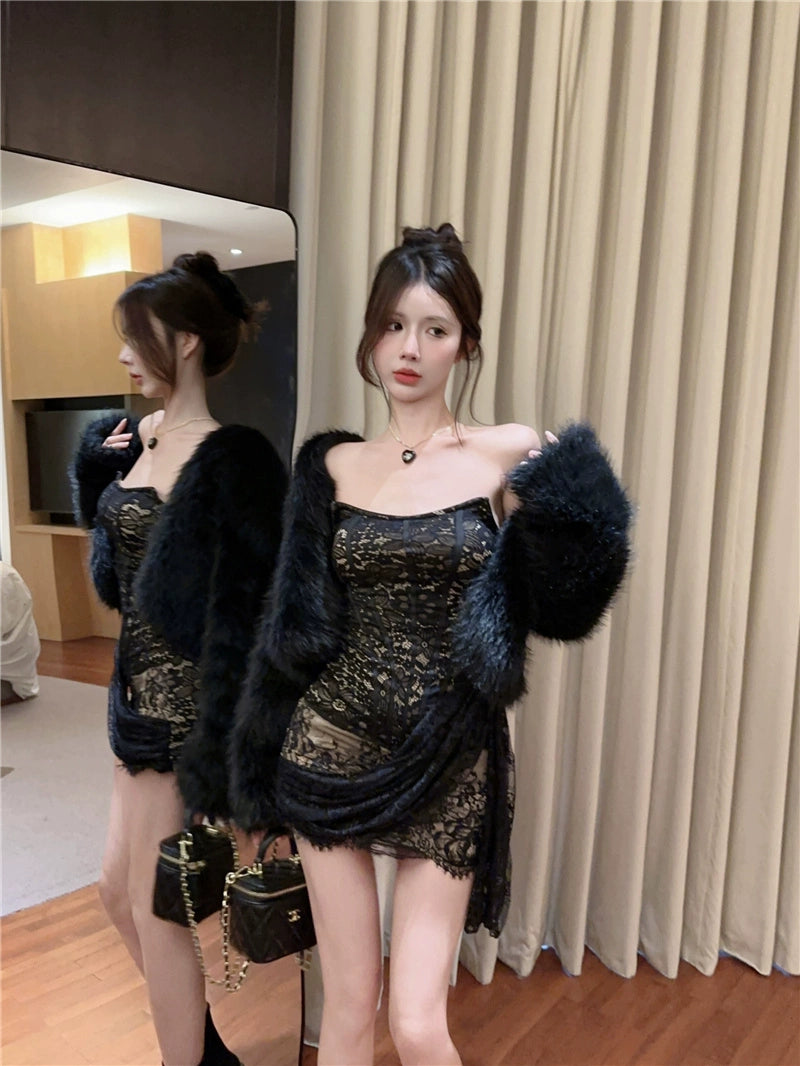 Fashion women's wear Dress Women's American Hot Girl Style Refined Handmade Lace Crocheted Strapless Dress Winter New Fashionable Ribbon Hip Skirt