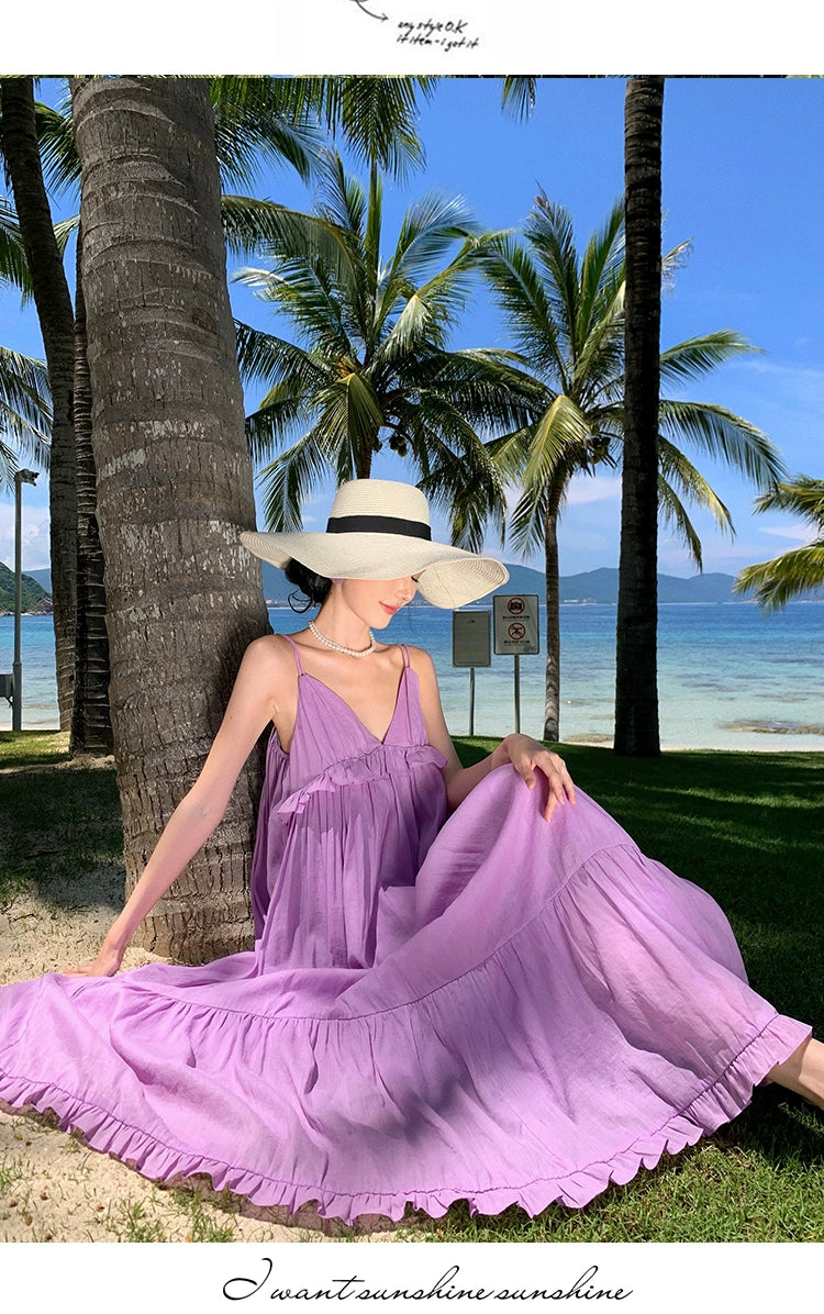 Fashion women's wear Fabric Romantic Lace Dress V-neck Comfortable Loose Vacation Suspender Dress Chic Beautiful Purple Dress