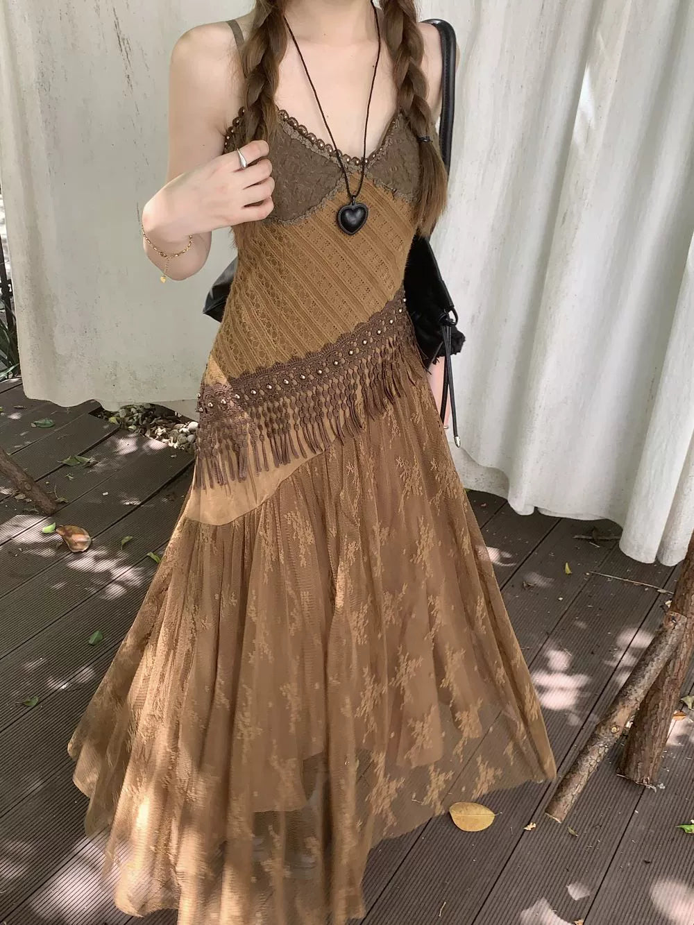 Fashion women's wear New Chinese Retro Heavy Industry Color Matching Sling Dress Female Spring 2024 New Holiday Slimming Elegant Long Dress