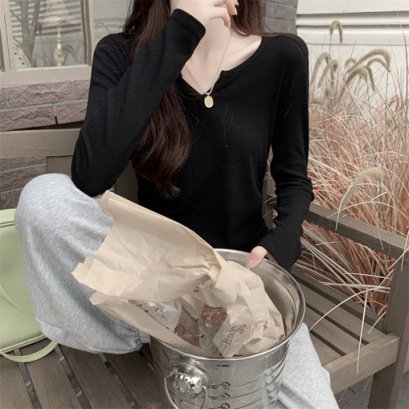 Dopamine tops Free shipping Tattoo V-neck drawstring niche slim long-sleeved T-shirt women's autumn slim-fit design chic short top with bottoming shirt