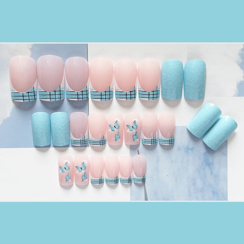 天蓝蝴蝶穿戴甲清新nails 法式跨境美甲片外贸假指甲长甲美甲贴片