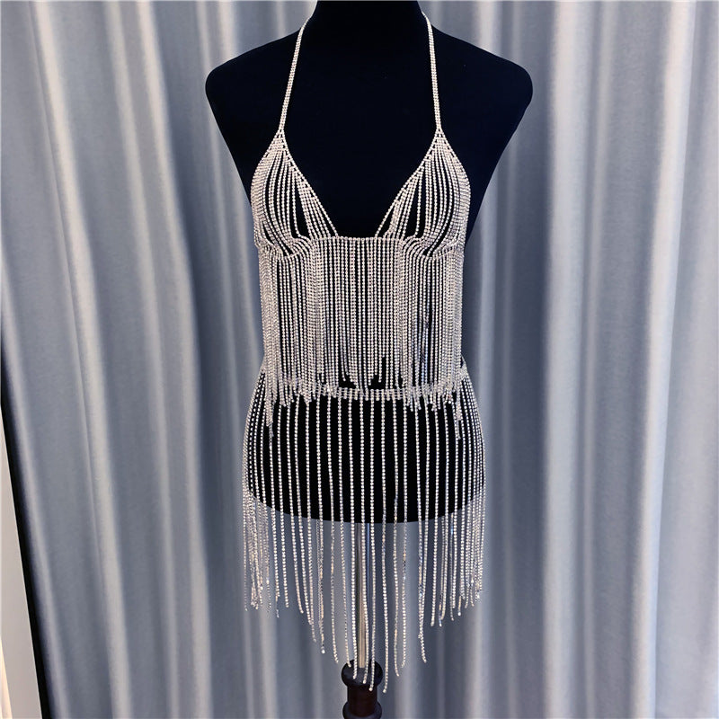 Fashion jewelry, popular in Europe and America, long tassel rhinestone top dress set, nightclub sexy clothing body chain