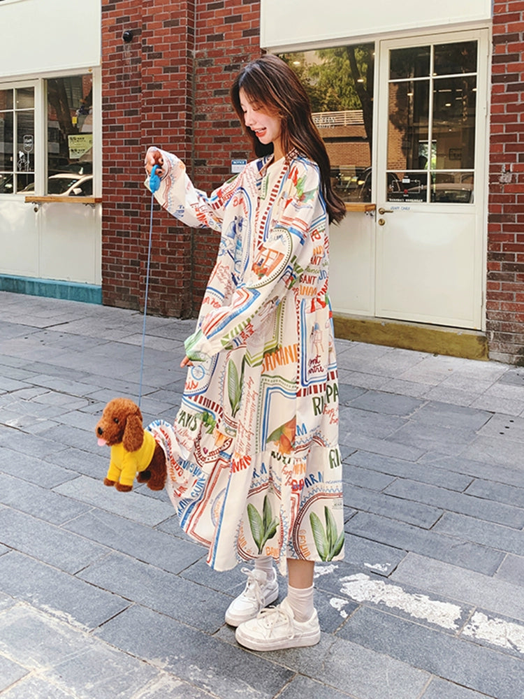 Dopamine dress Free shipping Tattoo Dopamine color graffiti print dress women's autumn 2024 new French lazy wind loose casual long skirt