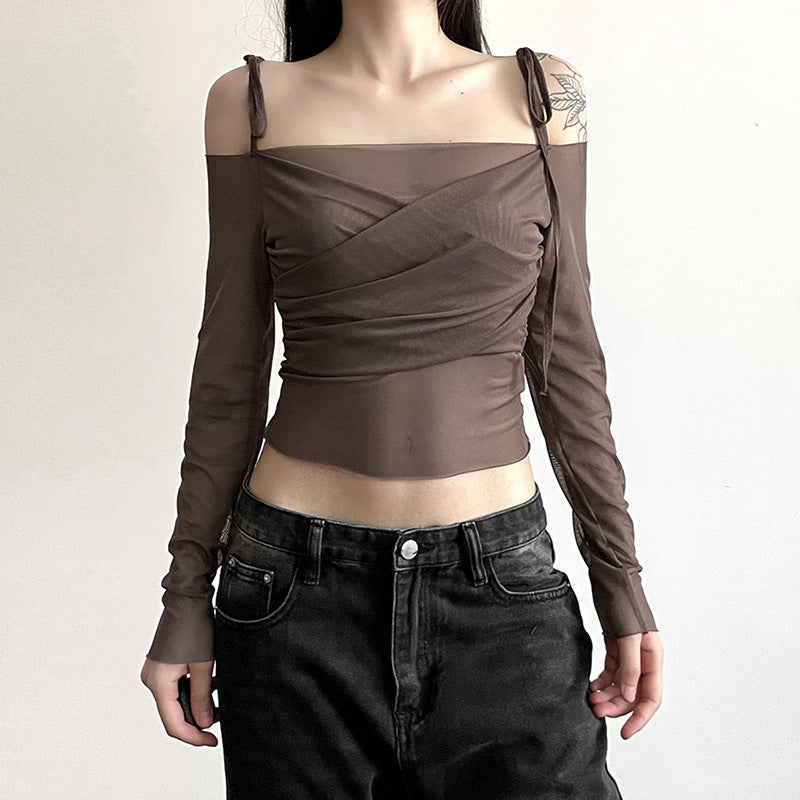 Free shipping Tattoo European and American style 2024 summer new women's clothing Spice Girl one-word collar shoulder sleeves long sleeves waist open button slim T-shirt tops