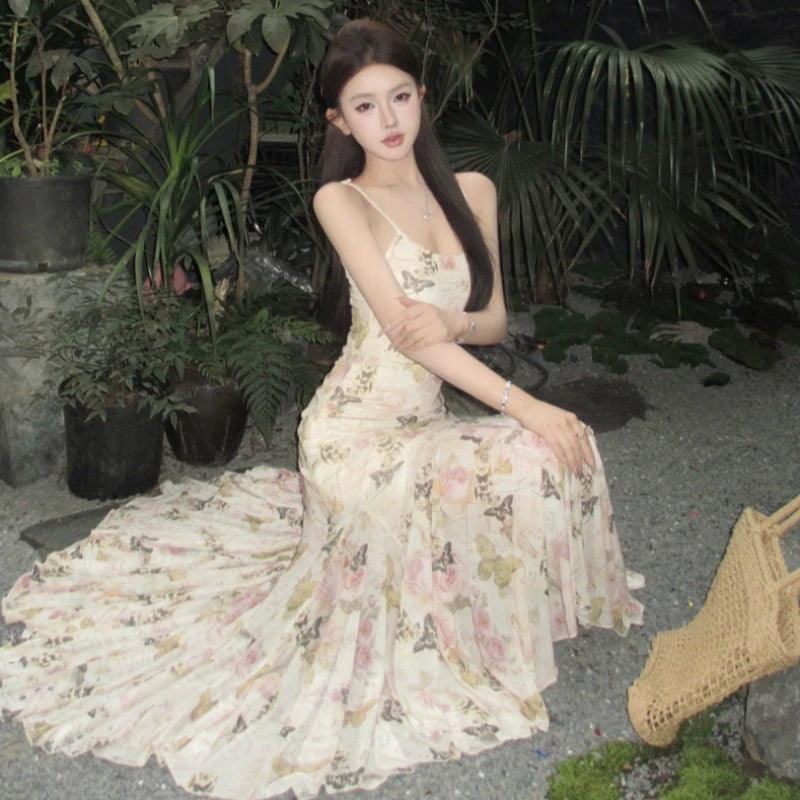 Fashion women's wear Beautiful Small Skirt Seaside Holiday Floral Strap Dress Tea Break French Style Temperament Slim-Fit Sheath Fishtail Long Skirt