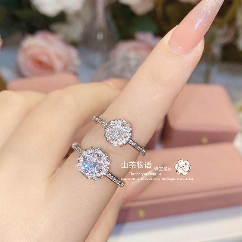 Camellia Hw珠宝同款仿莫桑钻戒指女 镀金微镶满钻小巧1.0Ct婚戒