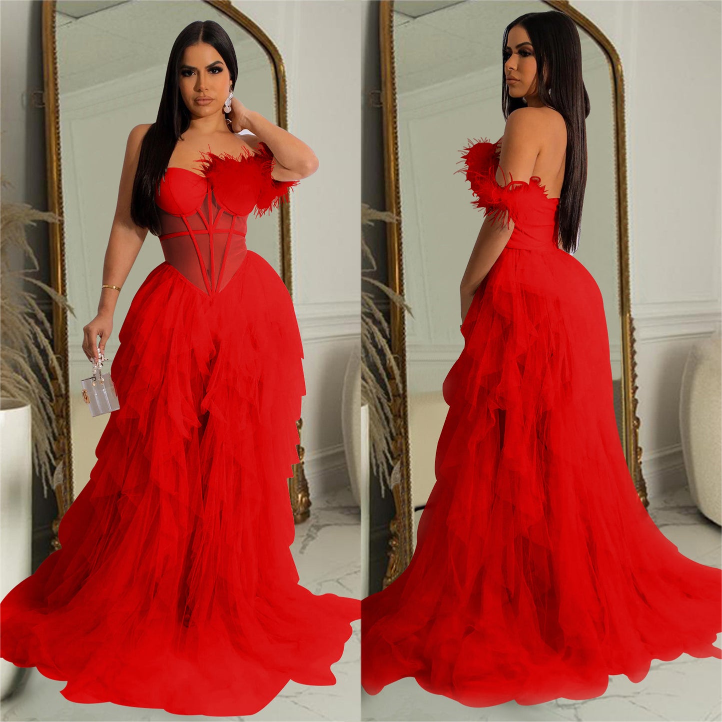 Fashion women's wear X6223 Cross-Border  Fashion Women's Wear Solid Color Sleeveless Chest Wrap Mesh Long Dress Dress