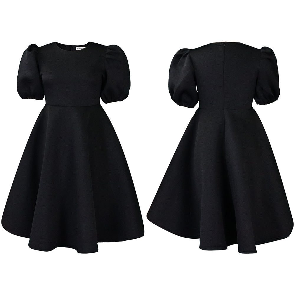 Fashion women's wear Cross-Border European and American Amazon Summer round Neck Graceful Puff Sleeve Waist-Controlled Large Hem Elegant A- line Foreign Trade Dress