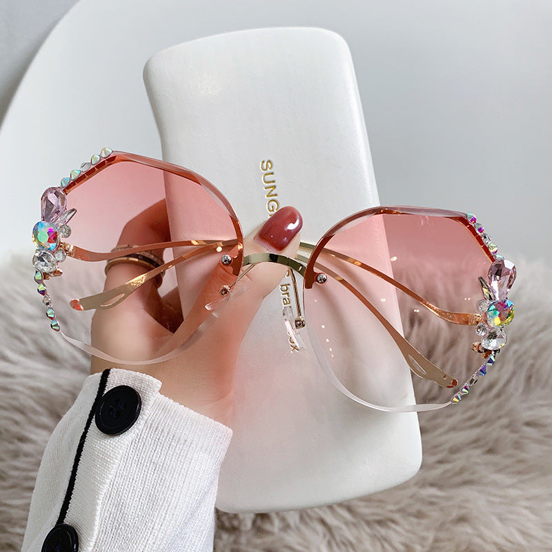 Women's fashion glasses 2024大框跨境韩版水钻太阳眼镜防紫外线水晶墨镜镶钻小香风眼镜女