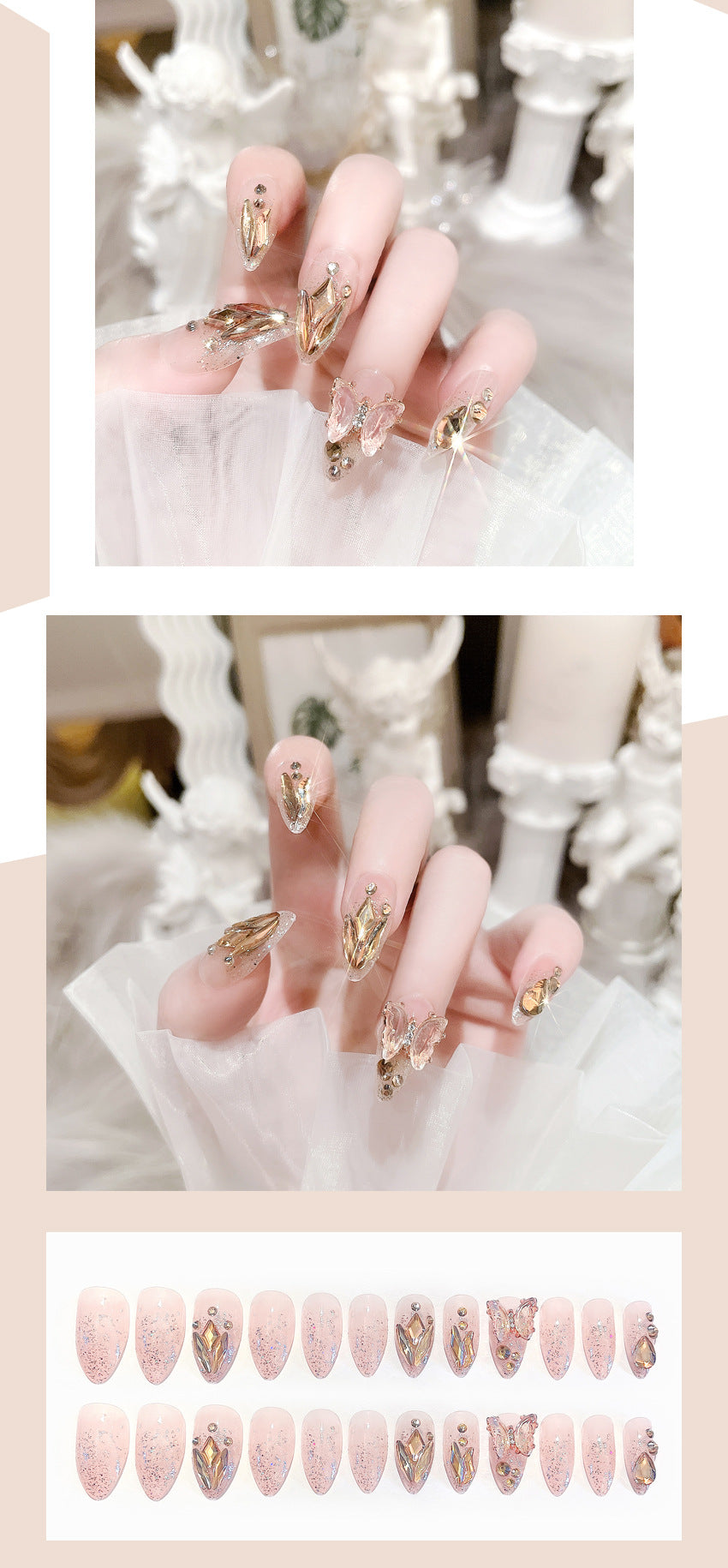 Fashion  nail Wear Armor Internet Celebrity Pure Desire Rhinestone Fake Nails Crystal Butterfly Nail Stickers Removable Finished Product New X68
