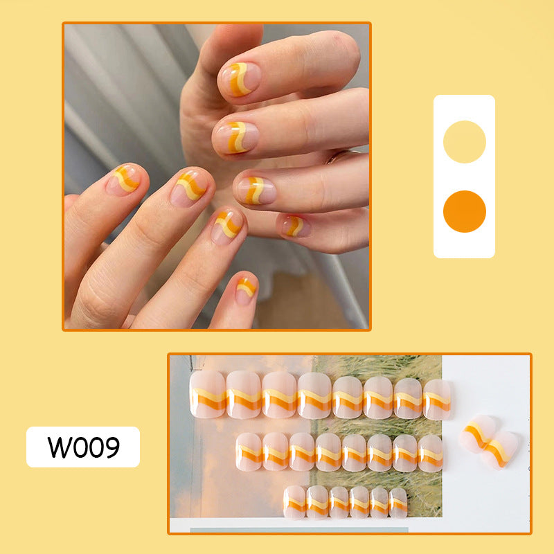 橘黄线条穿戴甲ins指甲贴片批发美甲贴片短甲假指甲外贸nails