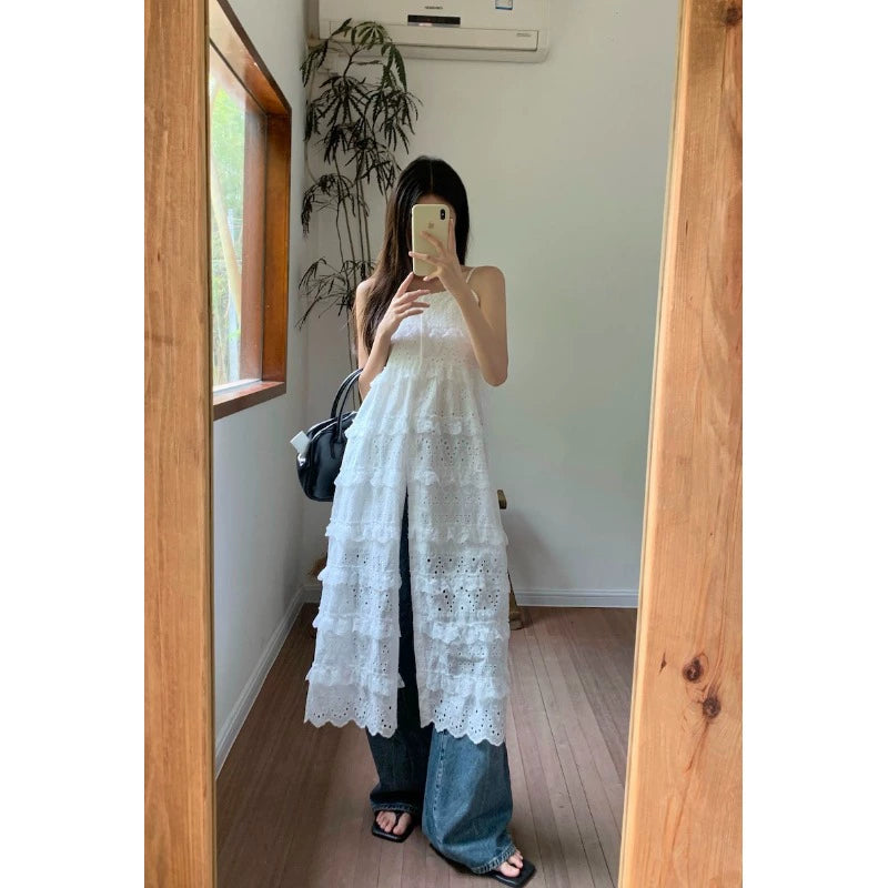 Fashion women's wear Fashionable Embroidery Hollow out Sweet Spaghetti-Strap Dress Women's Clothing Spring 2024 New Mid-Length Waist Split Skirt