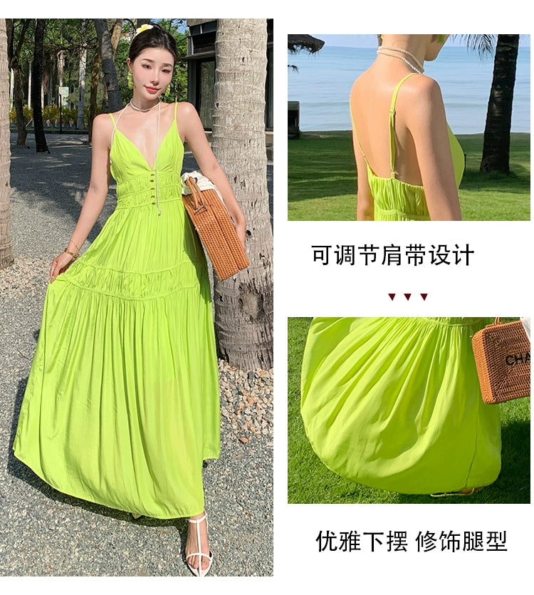 Fashion women's wear Summer Dopamine Seaside Vacation Deep V Dress Green Suspenders Ankle-Length Dress Sanya Slimming Beach Skirt Female
