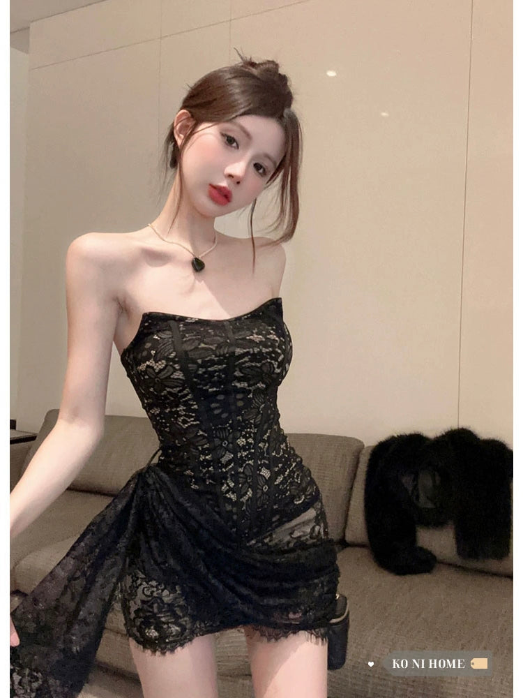 Fashion women's wear Dress Women's American Hot Girl Style Refined Handmade Lace Crocheted Strapless Dress Winter New Fashionable Ribbon Hip Skirt