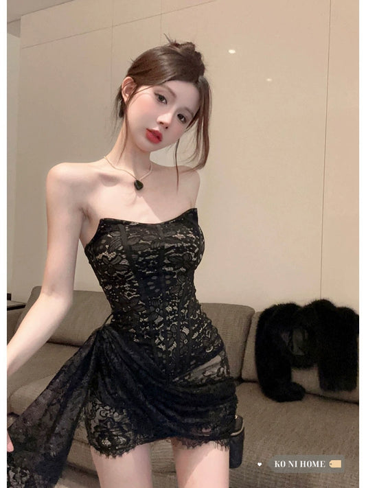 Fashion women's wear Dress Women's American Hot Girl Style Refined Handmade Lace Crocheted Strapless Dress Winter New Fashionable Ribbon Hip Skirt
