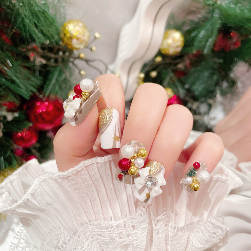 Fashion  nail New Handmade Wear Nail Christmas Manicure Christmas Bowknot Ball Wearable Patch Fake Nails U21