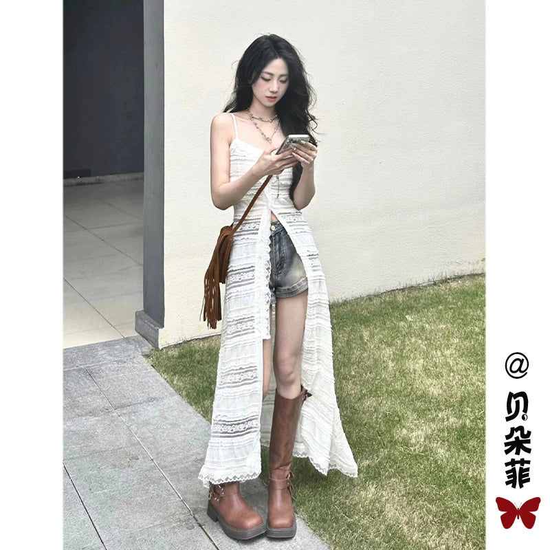 Fashion women's wear White Lace Sling Dress Women's Summer 2024 New Slim Slimming Hot Girl Seaside Holiday Split Dress