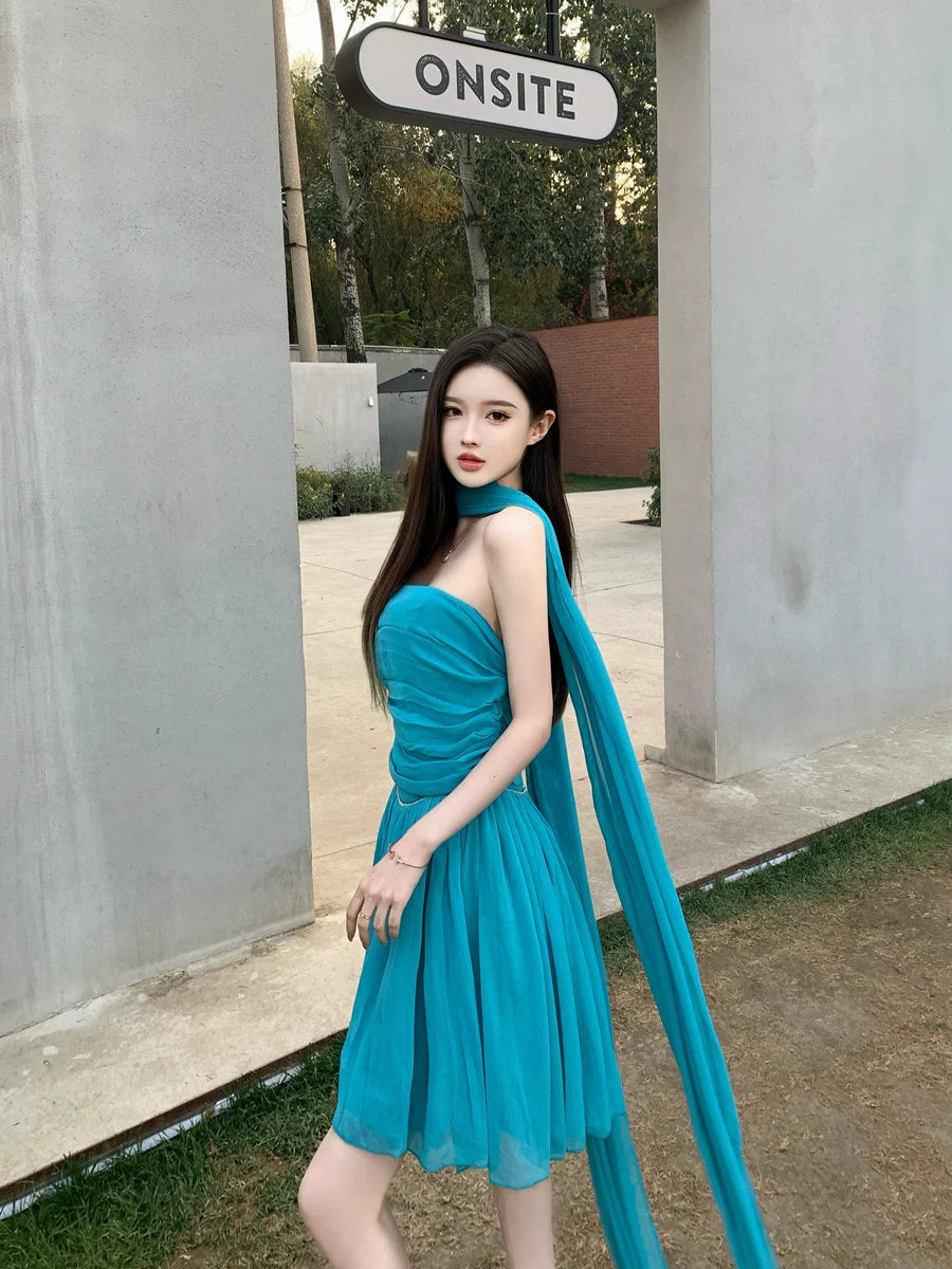 Fashion women's wear off-Shoulder Tube Top Hot Girl Waist Slimming Seaside Holiday Dress Summer Super Fairy Goddess Sanya Style Beach Dress