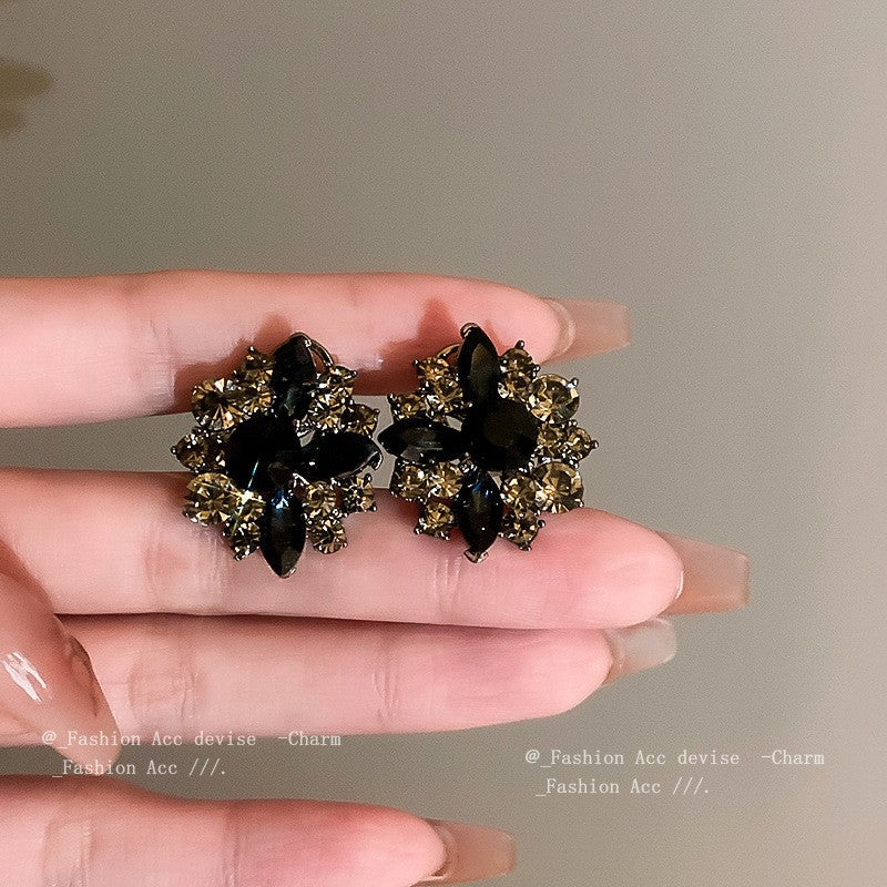 银针镶钻虎眼石花朵耳环夸张复古高级感耳钉中古时尚气质耳饰批发