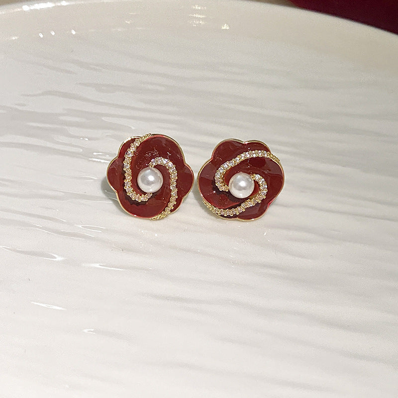 银针锆石花朵珍珠耳环新年轻奢高级感耳钉复古气质红色耳饰批发女