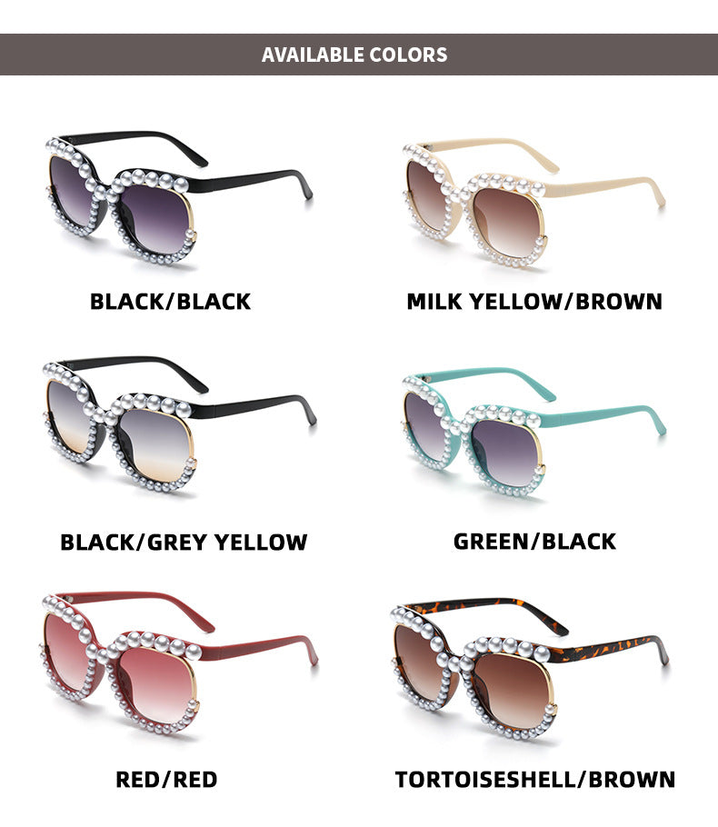Women's fashion glasses 欧美跨境2023新款镶珍珠无框太阳镜女时尚个性夸张影楼拍照墨镜