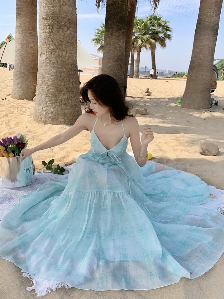 Fashion women's wear Tea Break French Blue Halter Spaghetti Straps Dress Women's Elegant Backless Seaside Holiday Beach Dress Long Skirt