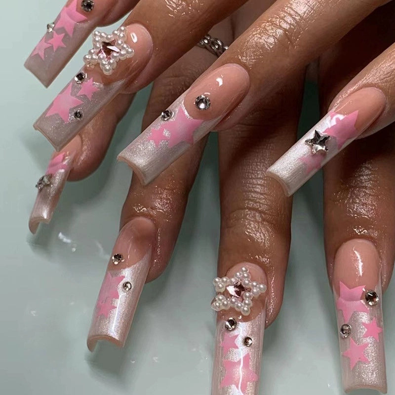 (Hand made nail) European and American Spicy Girl Super Long Instagram Dark Small Stand Retro Trapezoidal Shining Diamond Beauty False Nail Patch Detachable Wearable Nail