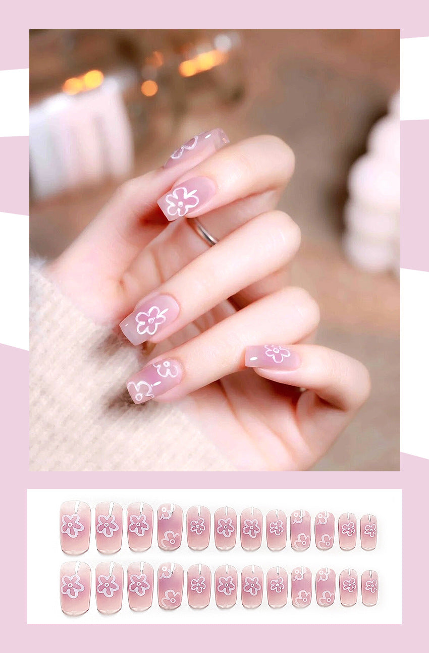 Fashion  nail Wearable Nail Sticker White Flower Wear Nail Polish Nail Shaped Piece Removable Nail Patch Finished Product Y25