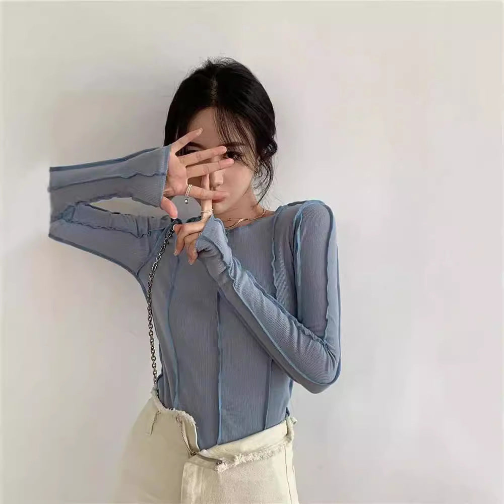 Free shipping women's clothing bright line niche design solid color base T-shirt versatile and thin long sleeves tops